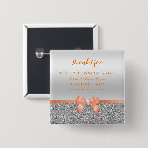 Romantic Coral Bow & Silver Glitter Wedding 15 Cm Square Badge