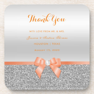 Romantic Coral Bow & Silver Glitter Wedding Coaster