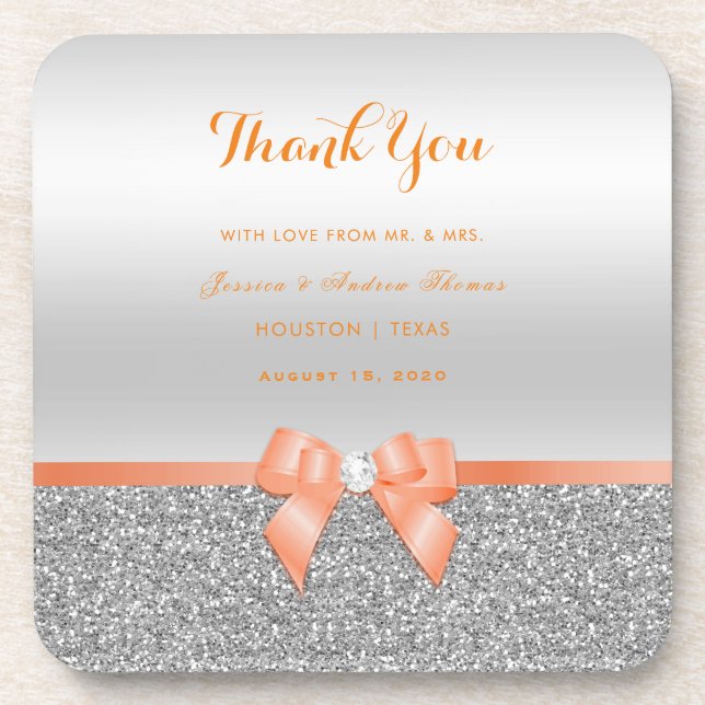 Romantic Coral Bow & Silver Glitter Wedding Coaster (Front)