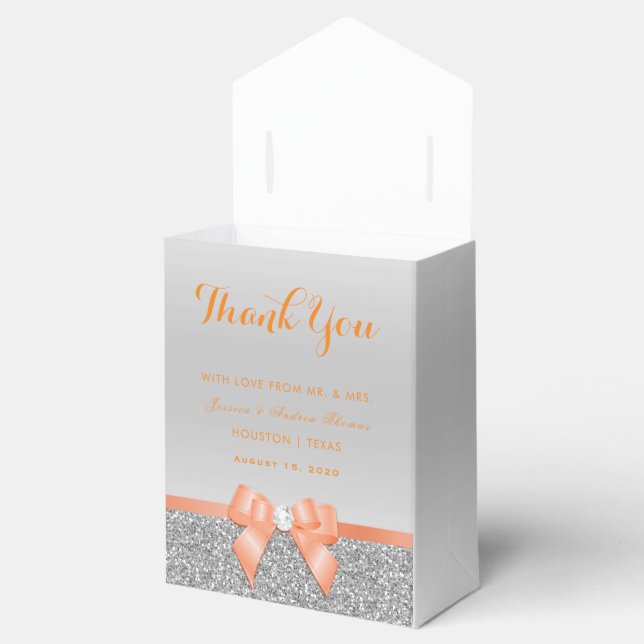 Romantic Coral Bow & Silver Glitter Wedding Favour Box (Opened)