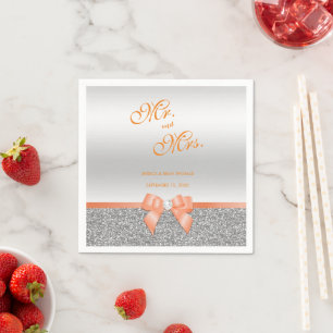 Romantic Coral Bow & Silver Glitter Wedding Napkin