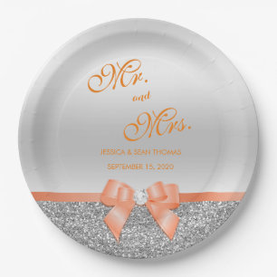 Romantic Coral Bow & Silver Glitter Wedding Paper Plate