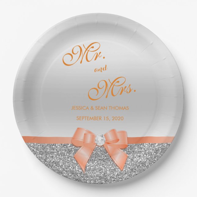 Romantic Coral Bow & Silver Glitter Wedding Paper Plate (Front)