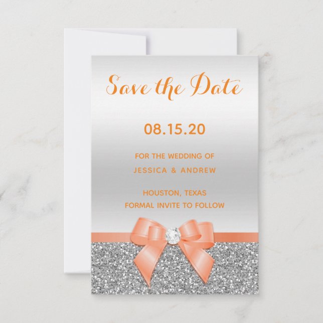 Romantic Coral Bow & Silver Glitter Wedding Save The Date (Front)
