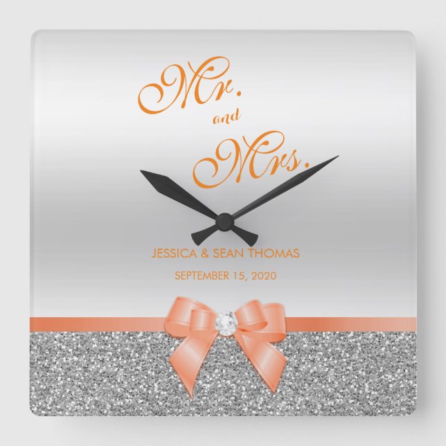 Romantic Coral Bow & Silver Glitter Wedding Square Wall Clock (Front)