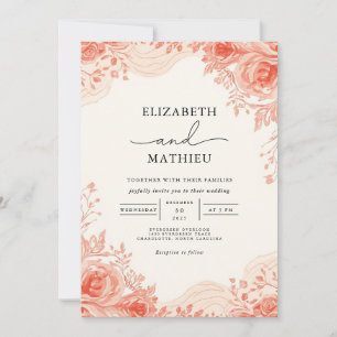 Romantic Coral Floral Garden Wedding Invitation