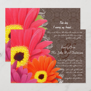 Romantic Coral Fuchsia Pink Gerber Daisy Wedding Invitation