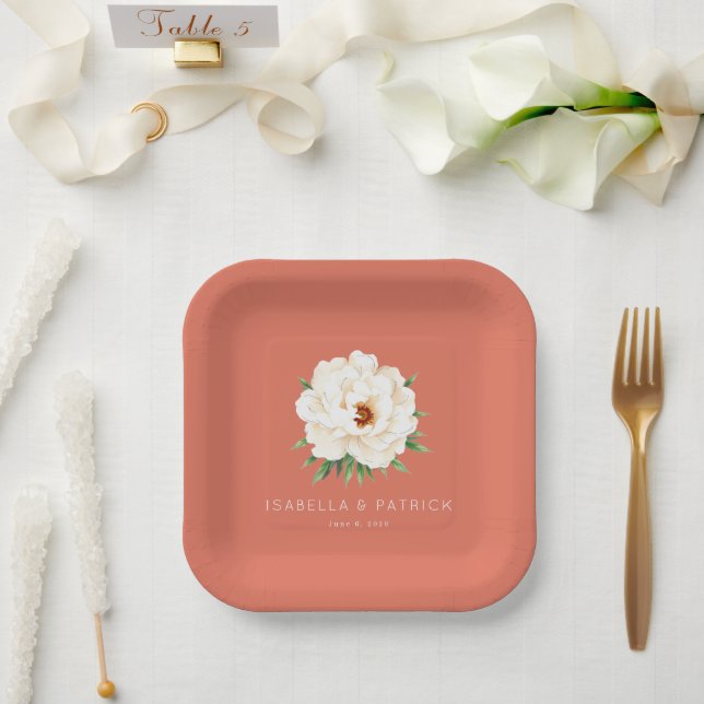 Romantic Coral Minimalist Peony Paper Plate (Wedding)
