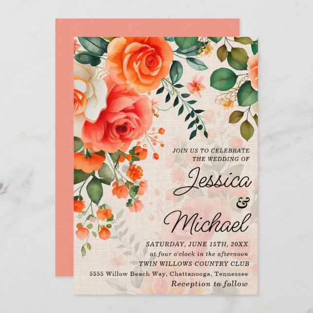 Romantic Coral Orange Floral  Invitation (Front/Back)
