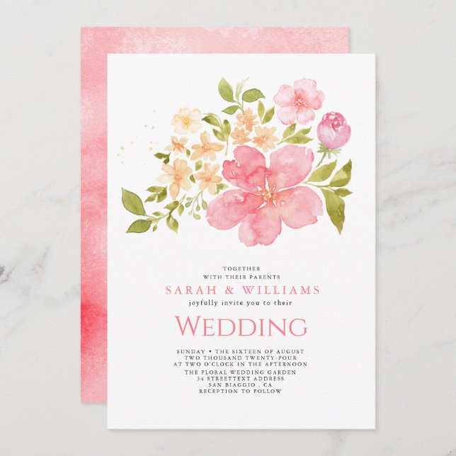 Romantic Coral Peach Flowers  Floral Boho Wedding  Invitation (Front/Back)