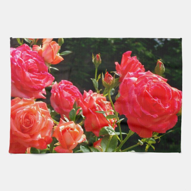 Romantic Coral Roses Tea Towel (Horizontal)