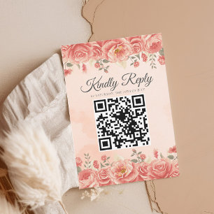 Romantic Coral Roses Watercolor QR Code Wedding RSVP Card