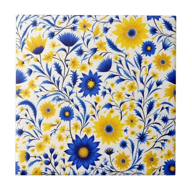 Romantic Cornflower Blue and Yellow Floral Tile (Front)