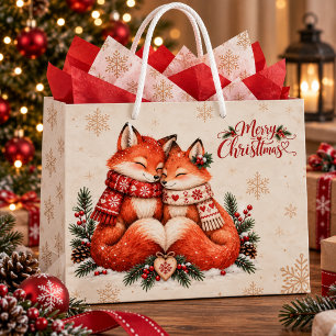 Romantic Cosy Fox Couple Scandinavian Christmas Large Gift Bag