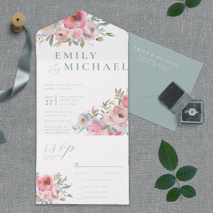 Romantic Cottage Flowers Blush Blue Sage All In On One Invitation