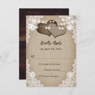 Romantic Country Burlap Wood Floral Lace Wedding RSVP Card