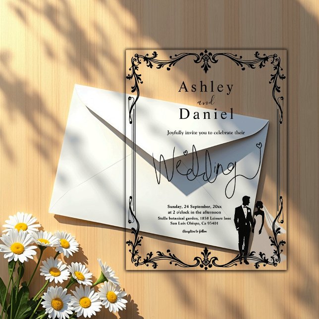 Romantic Couple Black And White Delicate Wedding Acrylic Invitations (Creator Uploaded)