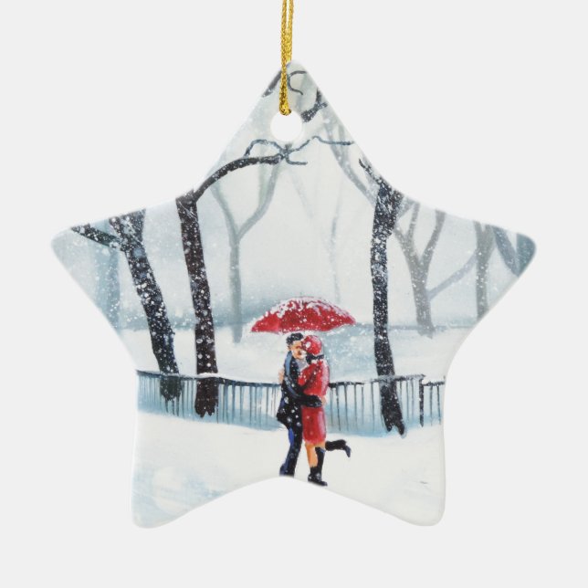 Romantic couple dancing in the snow red umbrella ceramic tree decoration (Front)