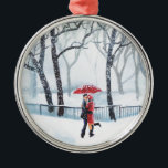 Romantic couple dancing in the snow red umbrella metal tree decoration<br><div class="desc">From an original oil painting</div>
