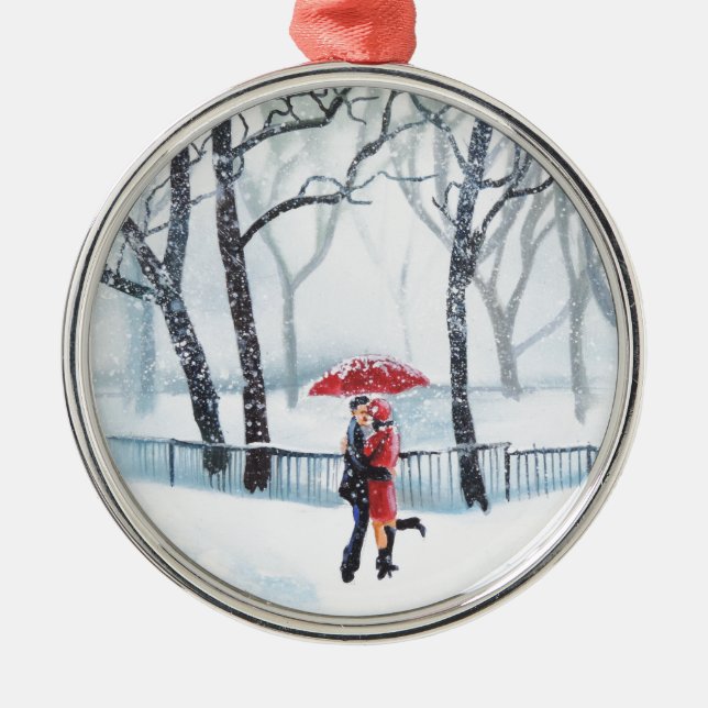 Romantic couple dancing in the snow red umbrella metal tree decoration (Front)