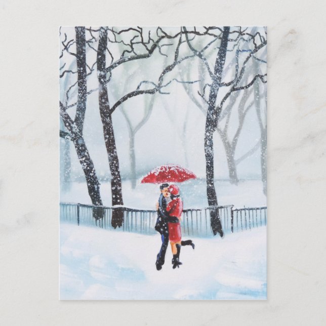 Romantic couple dancing in the snow red umbrella postcard (Front)
