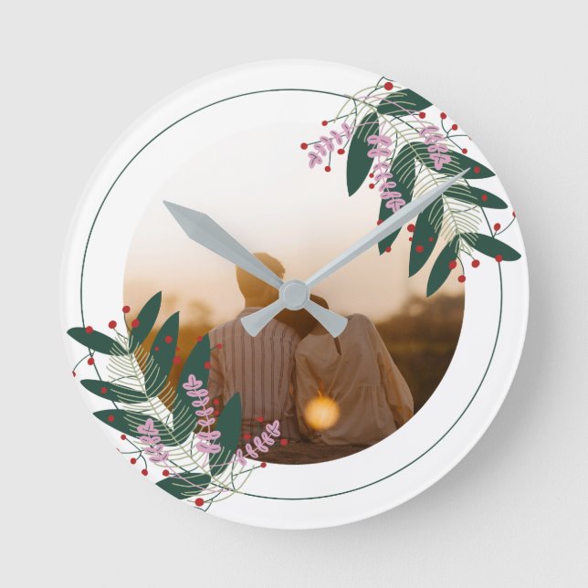 Romantic Couple Floral Wreath Round clock (Front)