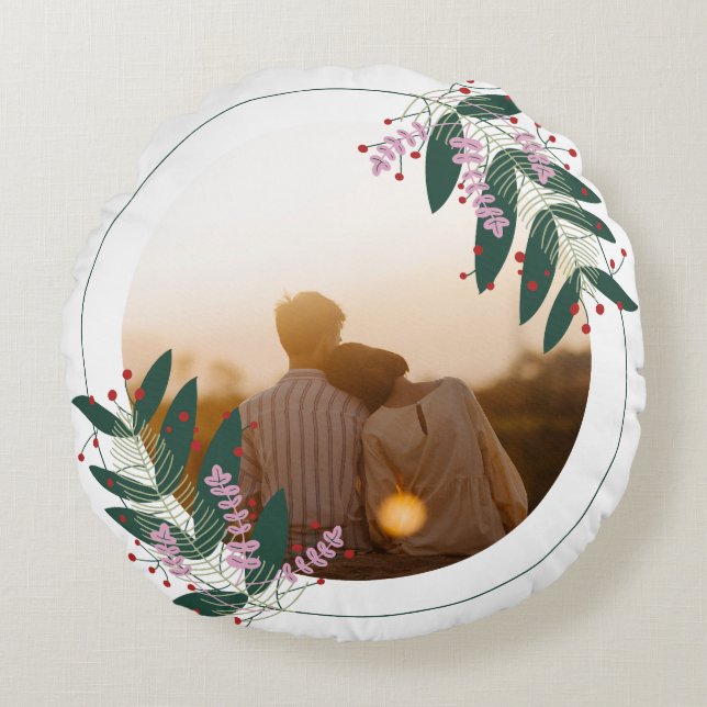 Romantic Couple Floral Wreath Round Pillow (Front)