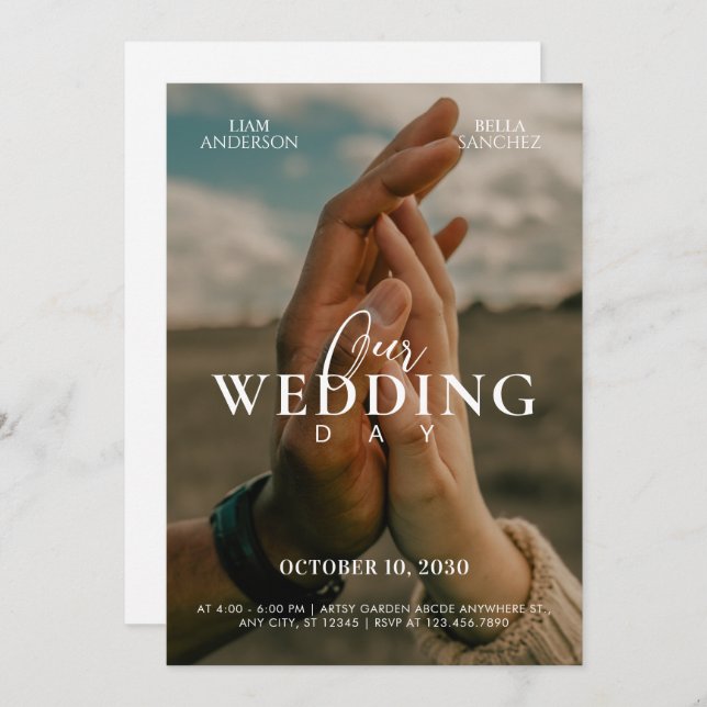 Romantic couple hands photo wedding invitation (Front/Back)