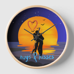 Romantic Couple Hugs and Kisses Sunset Wall Clock
