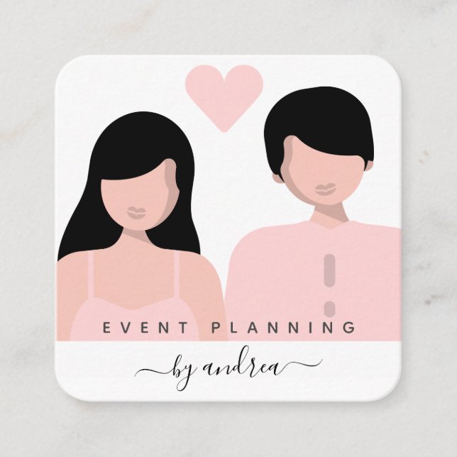 Romantic Couple Illustration Bride Groom Wedding Square Business Card (Front)