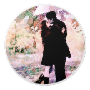 Romantic Couple in Love Kissing in The Rain  Ceramic Knob