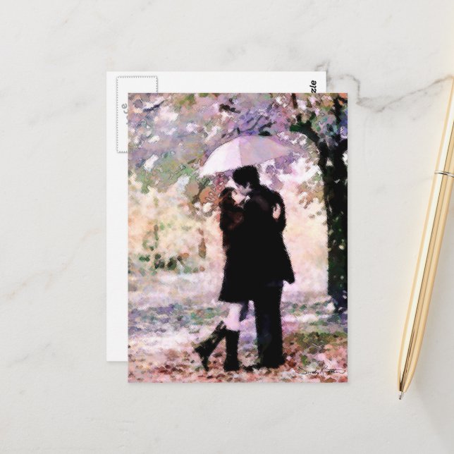 Romantic Couple in Love Kissing in The Rain  Postcard (Front/Back In Situ)