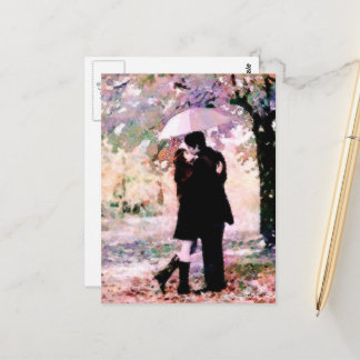 Romantic Couple in Love Kissing in The Rain  Postcard