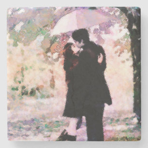 Romantic Couple in Love Kissing in The Rain Stone Coaster
