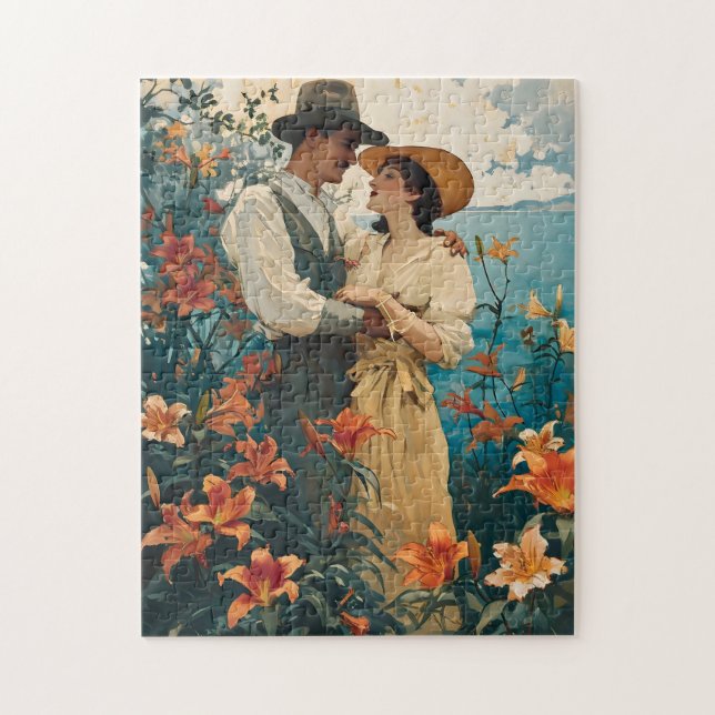 Romantic Couple in Vintage Lily Field Jigsaw Puzzle (Vertical)