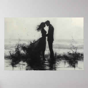 Romantic Couple Kiss in Splashes by the Sea Poster