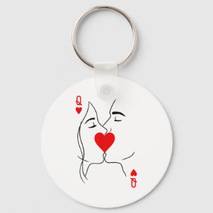 Romantic Couple Kiss Queen Of Hearts Poker Playing Key Ring