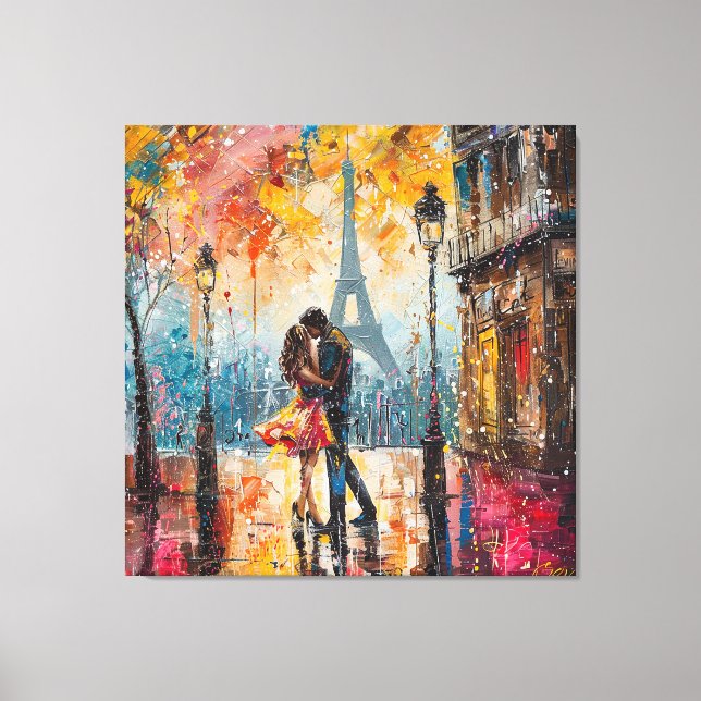 "Romantic Couple Kissing in Front of Eiffel Tower  Canvas Print (Front)
