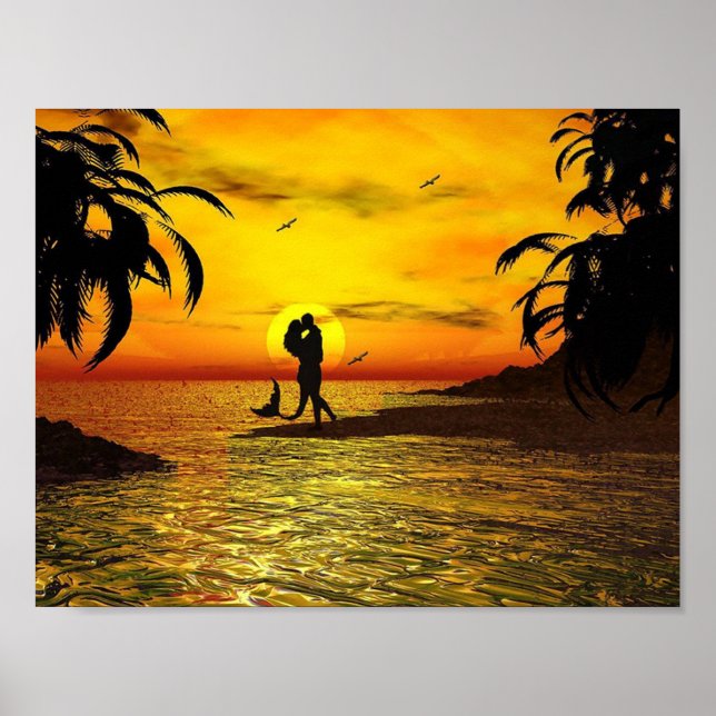 Romantic Couple Mermaid Sunset Palm Trees Ocean Poster (Front)