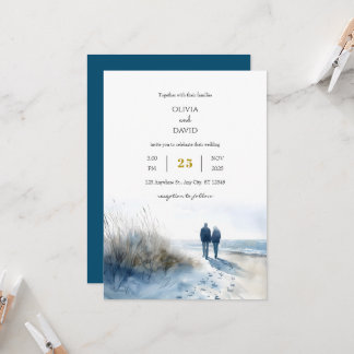 Romantic Couple Moonlight Beach Stroll Wedding Invitation