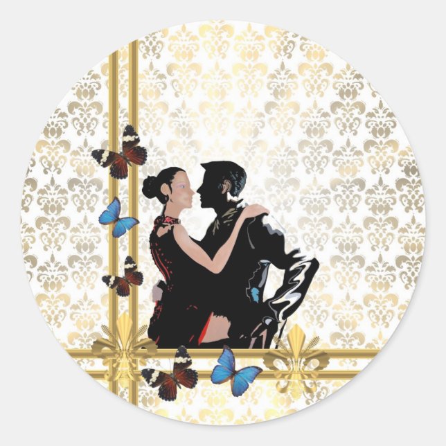 Romantic couple on white damask classic round sticker (Front)