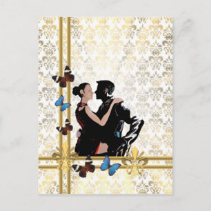 Romantic couple on white damask postcard
