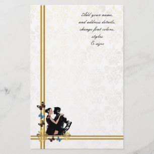 Romantic couple on white damask stationery