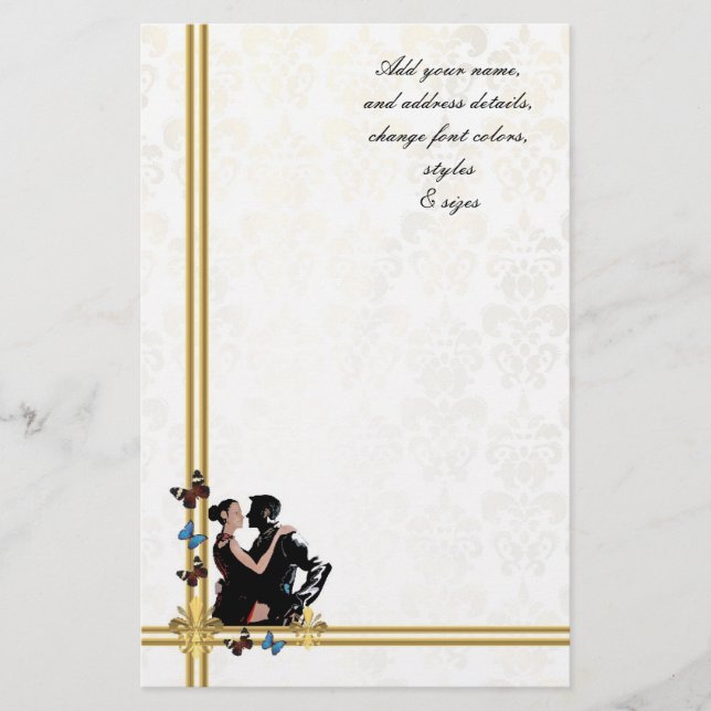 Romantic couple on white damask stationery (Front)