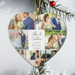 Romantic Couple Photo Collage Heart Christmas Ceramic Tree Decoration