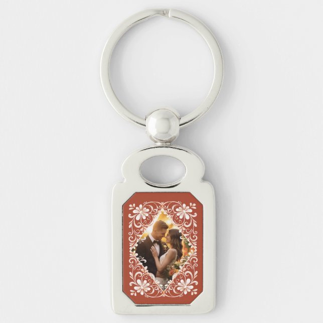 Romantic Couple Photo Red Rust Keychain (Front)