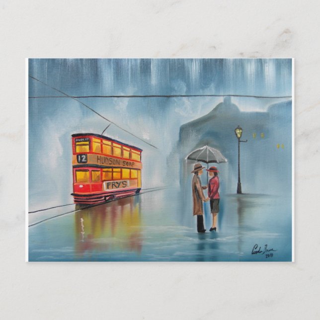 ROMANTIC COUPLE RAINY DAY UMBRELLA POSTCARD (Front)