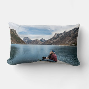Romantic Couple Relaxing on Lake Dock  Lumbar Cushion