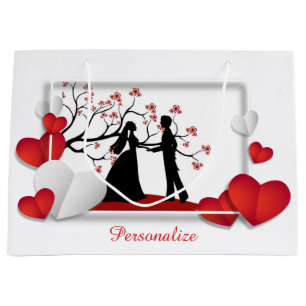 Romantic Couple Silhouette Red Hearts Personalize Large Gift Bag