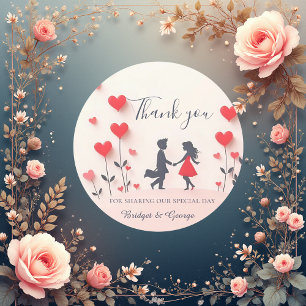 Romantic Couple Silhouette red hearts wedding Classic Round Sticker